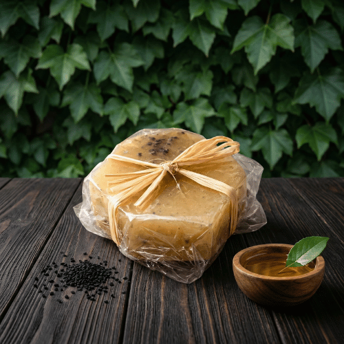 Savon à l'huile de nigelle accompagné D'un peu d'huile avec Une feuille naturelle végétale et des graines de Nigelle